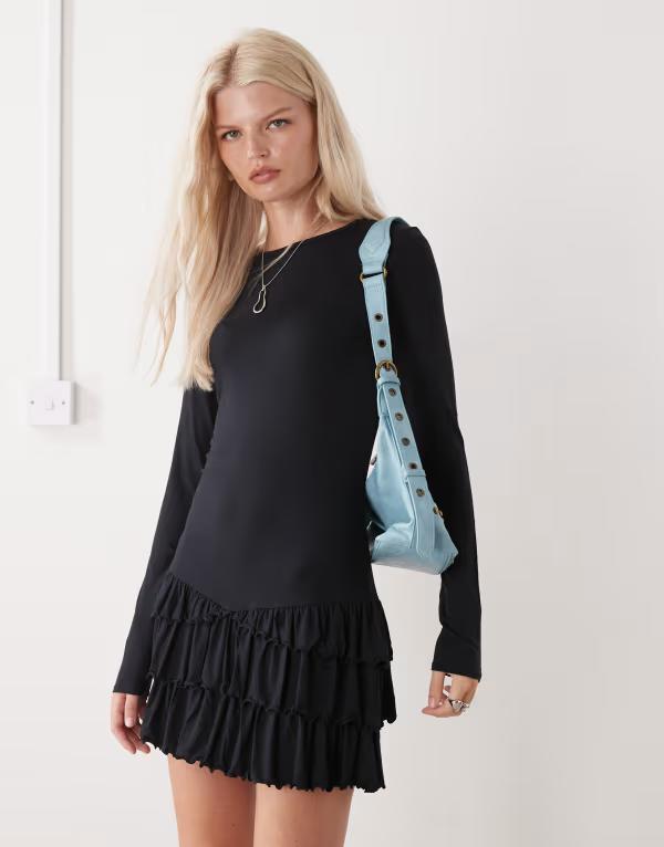 コルージョン レディース トップス ワンピース フリル ミニ COLLUSION ruffle mini dress with long sleeve Black ブラック|ReVida 店