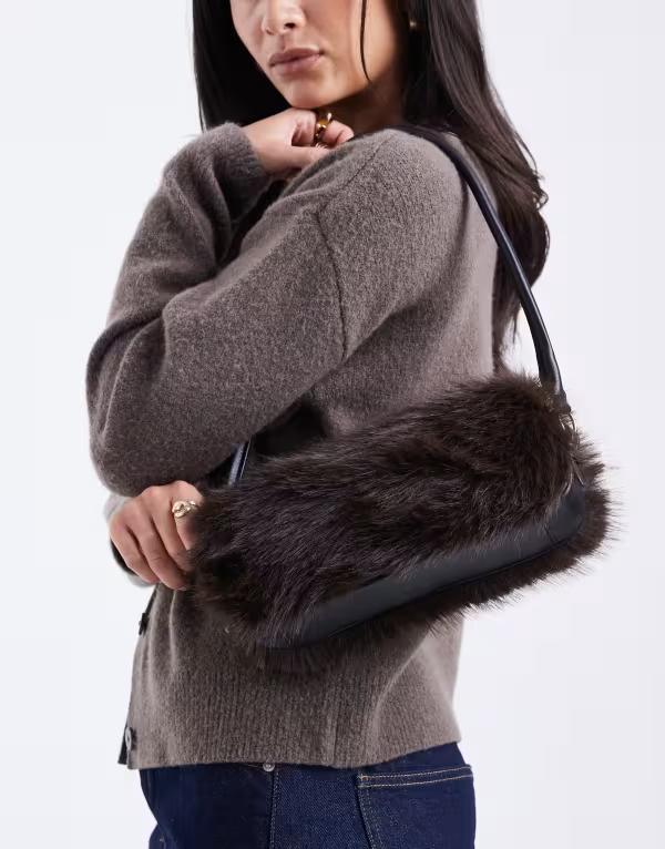 エイソス レディース 御徒面子 ASOS DESIGN faux fur shoulder bag インチ chocolate 黒茶