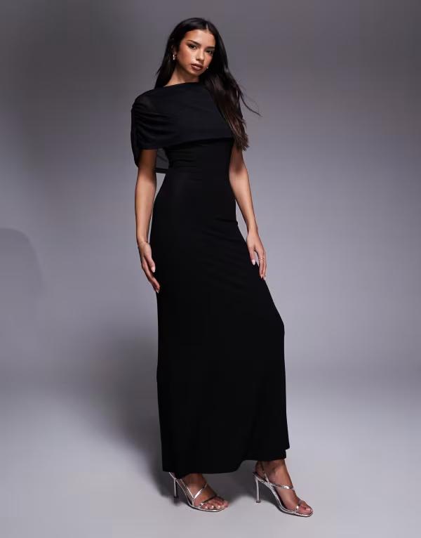 エイソス レディース トップス ワンピース ケープデザイン メッシュ キャップ ケープ マキシ ASOS DESIGN mesh cape detail maxi dress Black ブラック