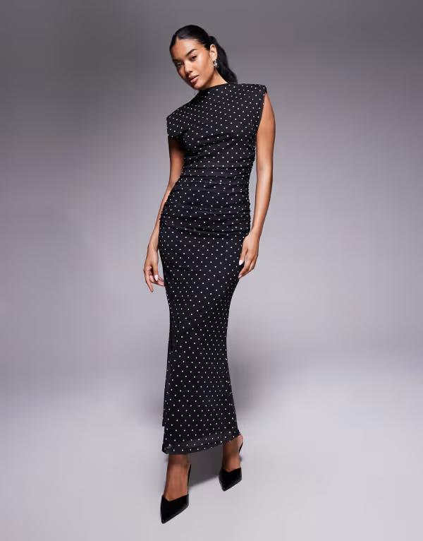 エイソス レディース トップス ワンピース ドット柄 ハイネック ドット マキシ ASOS DESIGN high neck detail maxi dress with shoulder pads in polka dot Black ブラック