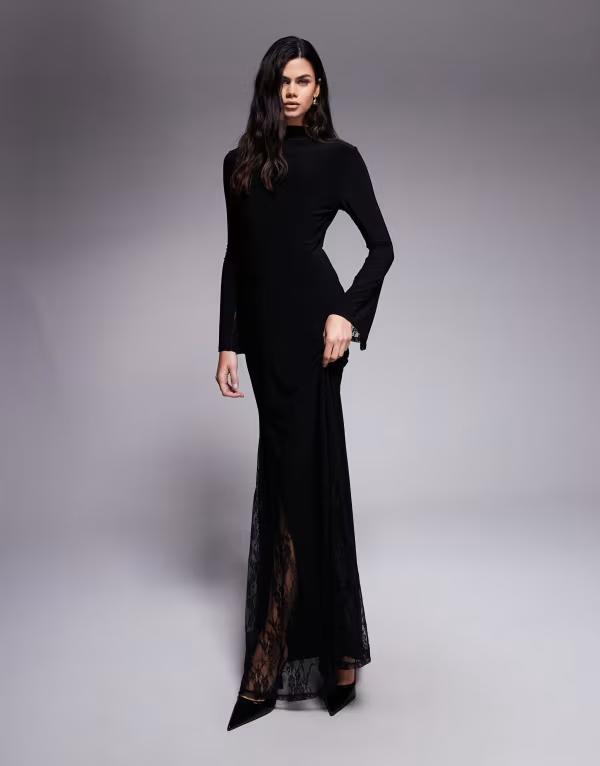 エイソス レディース トップス 衣装 ハイネック シアー スピード競技 マキシ ASOS DESIGN high neck maxi dress with sheer lace godet inserts and sheer lace layered sleeve Black 黒いこと