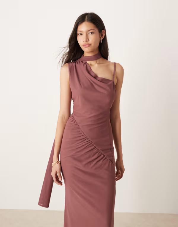 エイソス レディース トップス ワンピース メッシュ ASOS DESIGN mesh one shoulder dress with wrap around skinny scarf detail in dusty rose Dusky Rose 7,884円