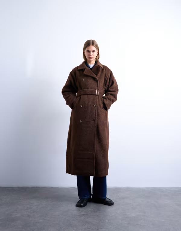トップショップ レディース アウター コート ウール Topshop unlinedouble breasted longline wool blend coat in chocolate チョコレート|ReVida 店
