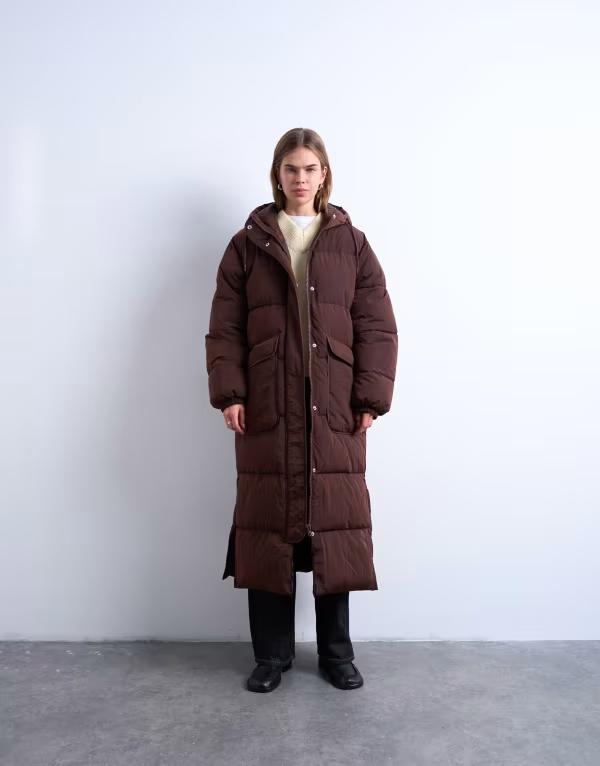 トップショップ レディース アウター ジャケット・ブルゾン Topshop longline techy puffer jacket in chocolate チョコレート|ReVida 店