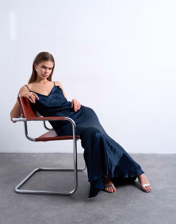とっ始め販売店 レディース トップス 衣装 繻子 マキシ Topshop foldedge satin Cami slip maxi dress NAVY 米国海軍