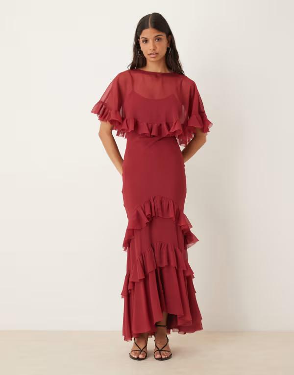 エイソス レディース トップス ワンピース ケープデザイン フリル オーバーレイ キャップ ケープ マキシ ASOS DESIGN cape overlay ruffle bias maxi dress Burgundy バーガンディ
