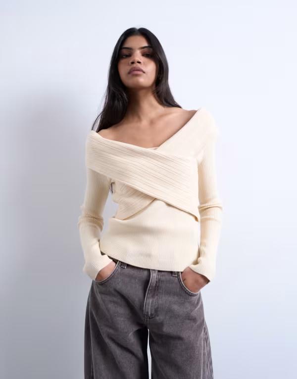トップショップ レディース トップス Tシャツ ニット Topshop knit foldover long sleeve top IVORY アイボリー 15,525円