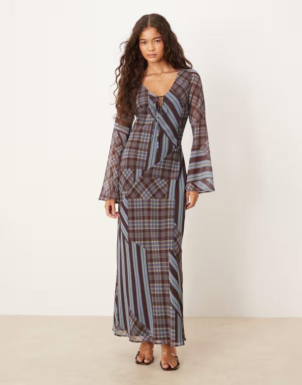 エイソス レディース トップス ワンピース Vネック マキシ ASOS DESIGN flared sleeve v neck maxi dress in plaid Blue check ブルー