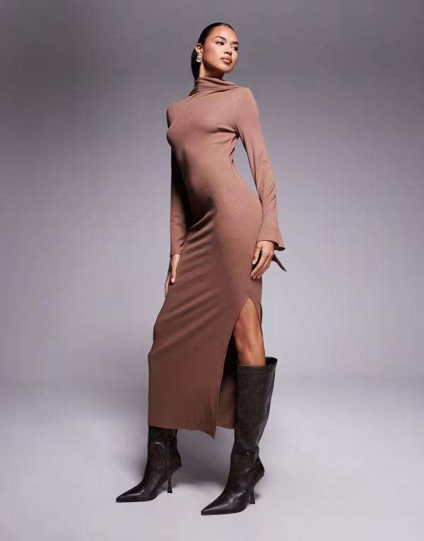 エイソス レディース トップス 衣装 midi ASOS DESIGN scarf detail fluted sleeve MIDI dress BROWN 赤銅色