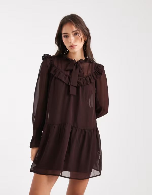ウェンズデーガール レディース トップス ワンピース フリル ミニ Wednesday's Girl collared ruffle long sleeve mini dress in chocolate BROWN ブラウン