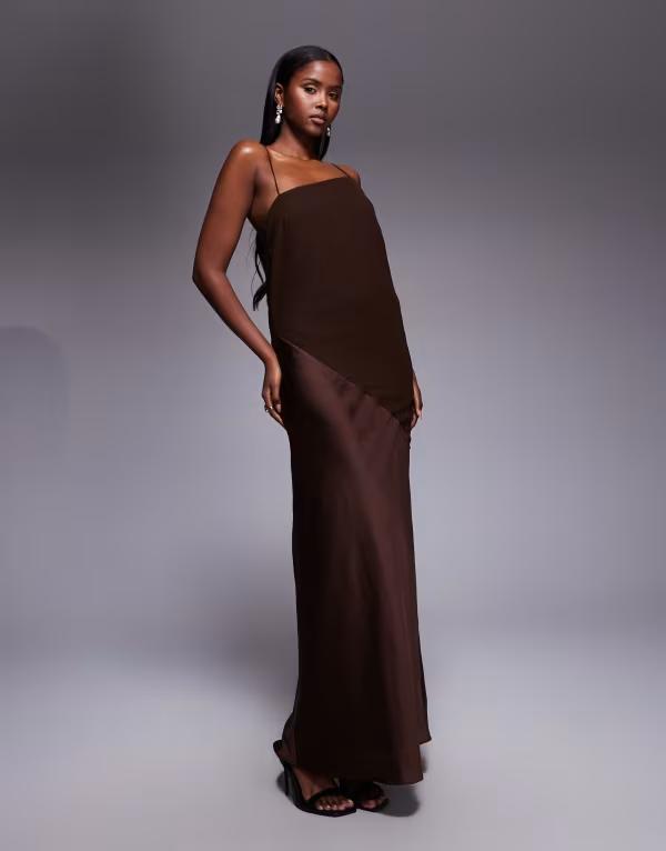 エイソス レディース トップス 衣装 シフォン ドレープ 繻子 マキシ ASOS DESIGN draped satin chiffon cami maxi dress インチ chocolate 黒茶