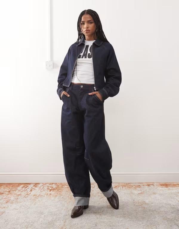 コルージョン レディース ボトムス ジーンズズボン下 デニム COLLUSION barrel jeans with turn up hem インチ rinse with pink and orange stitching Rinse サクラ色