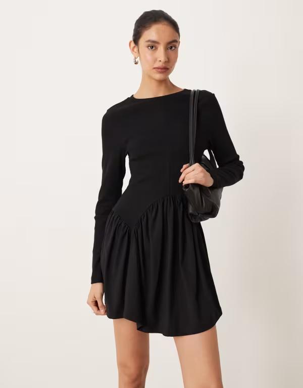 エイソス レディース トップス ワンピース ミニ ASOS DESIGN long sleeve scoop dipped hemini dress Black ブラック