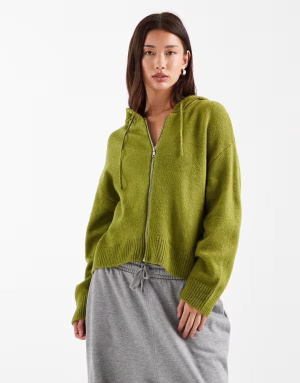 エイソス レディース アウター パーカー・スウェット ニット ASOS DESIGN fluffy knit zip up hoodie in olive オリーブ