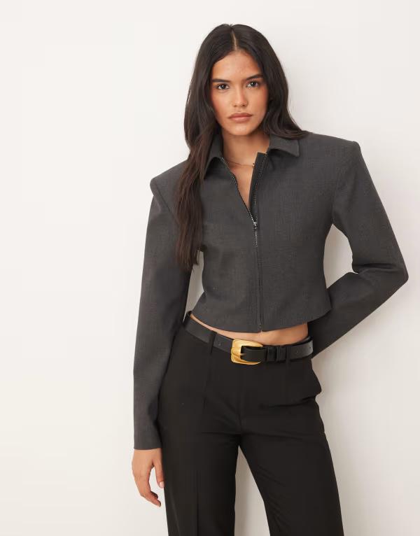 エイソス レディース アウター ジャケット・ブルゾン クロップド ASOS DESIGN tailored cropped cinch zip up jacket in charcoal - part of a set Charcoal チャコール