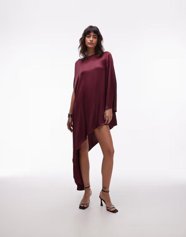 エイソス レディース トップス ワンピース ケープデザイン アシンメトリー ミニ サテン キャップ ケープ ASOS DESIGN cape satin asymmetric mini dress Burgundy バーガンディ