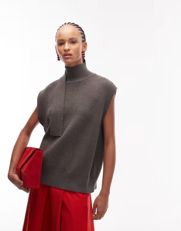 エイソス レディース トップス シャツ ニット ASOS DESIGN fine knit scarf detail tank top in light Gray グレー