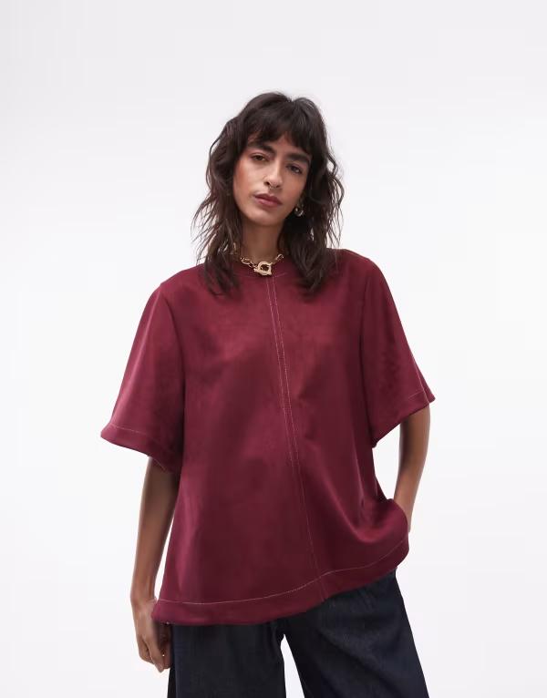 エイソス レディース トップス Tシャツ スエード ASOS DESIGN faux suede seam detail short sleeve tee swing Burgundy バーガンディ