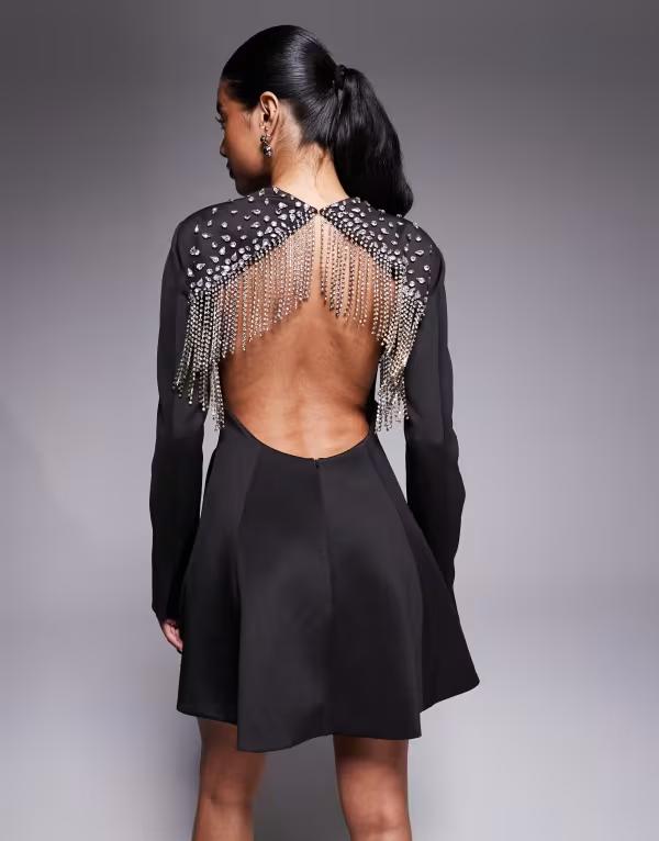 エイソス レディース トップス ワンピース オープンバック ミニ スキューバ ブレザー フリンジ ASOS DESIGN plunge blazer mini dress with open back and fringembellishment in scuba-style fabric Black ブラック 15,525円