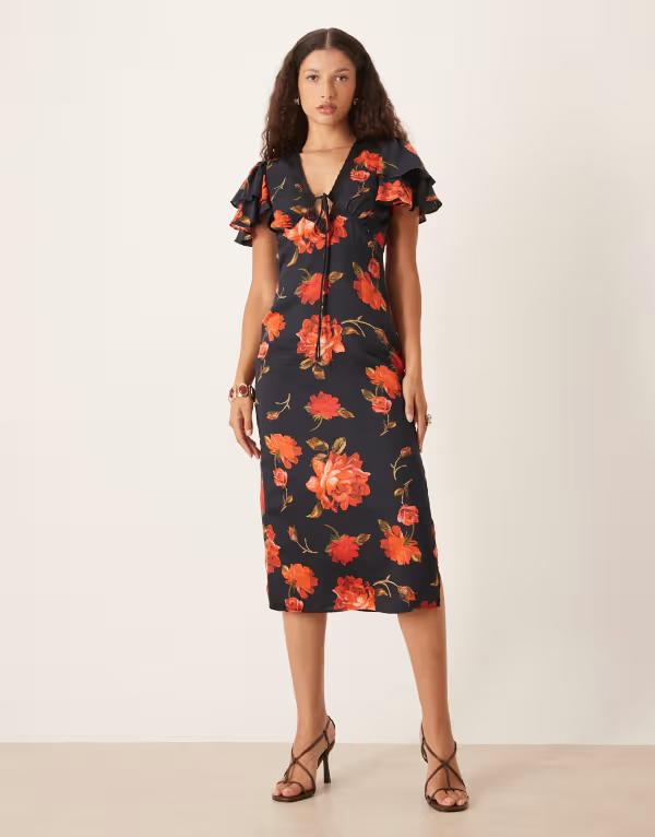 ホープ＆アイビー レディース トップス ワンピース レーストリム フラワー柄 ミディ サテン レース フラワー Hope & Ivy satin lace trim flutter sleeve midi dress and red floral Multi マルチカラー