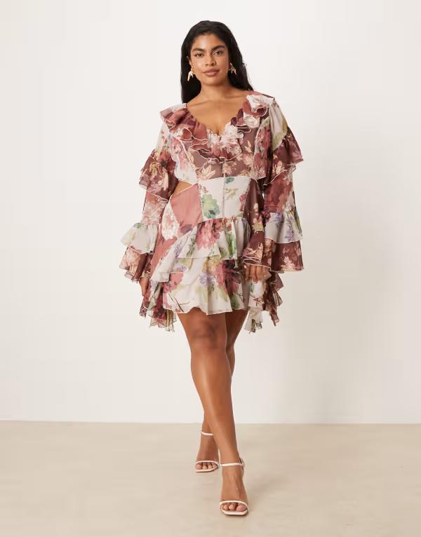 エイソス レディース トップス 衣装 カットアウト 御花柄 刷り上げる フラウンス ミニ 御花 ASOS Curve ASOS DESIGN Curve ruffle godet flare sleeve cutout mini dress インチ mixed floral print Floral Print