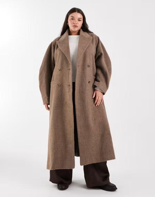 エイソス レディース アウター 厚地の外套 ASOS Curve ASOS DESIGN Curve brushed coat with dome sleeves and skinny belt インチ mushroom Brown 赤銅色