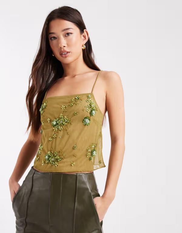 エイソス レディース トップス シャツ メッシュ スパンコール ASOS DESIGN scatter sequin mesh cami top in olive Green グリーン
