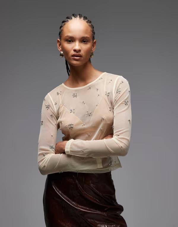 エイソス レディース トップス Tシャツ メッシュ シアー ASOS DESIGN scatter embellished sheer mesh long sleeve top in cream クリーム