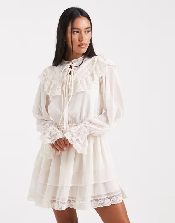 ミスセルフフリッジ レディース トップス ワンピース シフォン フリル ミニ Misselfridge chiffon victoriana ruffle mini dress in ecru エクリュ
