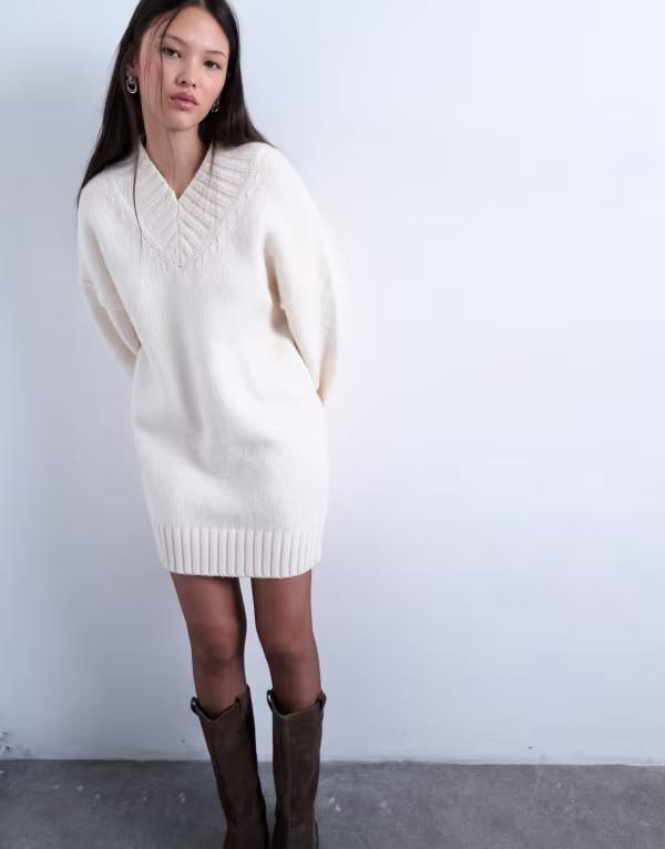 とっ始め販売店 レディース トップス 衣装 V素っ首 ミ編み物 Topshop knit high v-neck oversized mini dress Ivory 象牙色