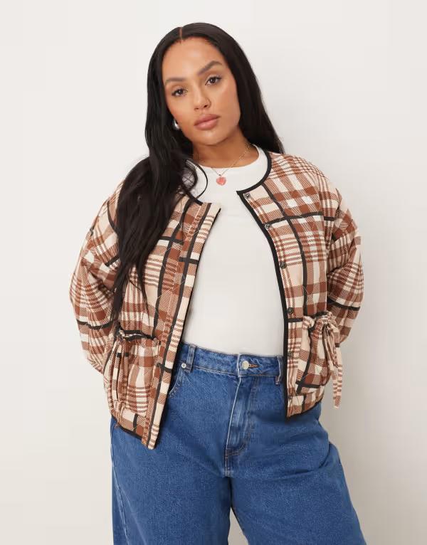 エイソス レディース アウター 上衣・上衣 キルティング ASOS Curve ASOS DESIGN Curve quilted jacket with bow pocket detail and neutral plaid PINK NEUTRAL PLAID サクラ色