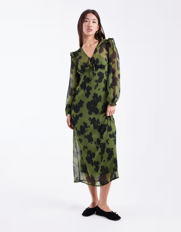 ウェンズデーガール レディース トップス 衣装 V素っ首 Wednesday\u0027s Girl bold bloom v-neck midaxi dress Khaki カーキ