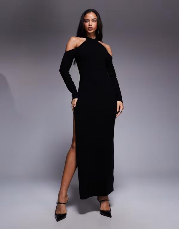 エイソス レディース トップス 衣装 シアー 編み物 ASOS DESIGN ASOS X THE SOURCED COLLECTION knit dress with sheer panel Black 黒いこと ワンピース-レディースファッション