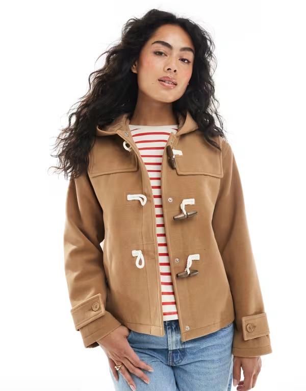 ブレーブソウル レディース アウター コート ウール Brave Soul hooded faux wool duffle coat with toggle front in camel キャメル
