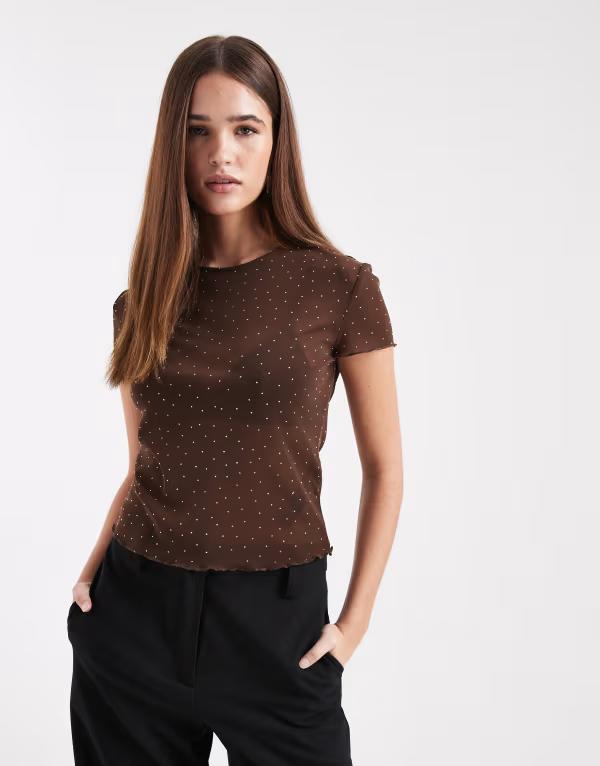 エイソス レディース トップス シャツ メッシュ ASOS DESIGN textured meshotfix lettuce hem baby tee in chocolate チョコレート