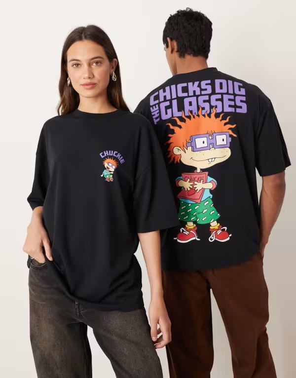 エイソス レディース トップス Tシャツ プリント ASOS DESIGN Unisex oversized t-shirt with Rugrats prints Black ブラック