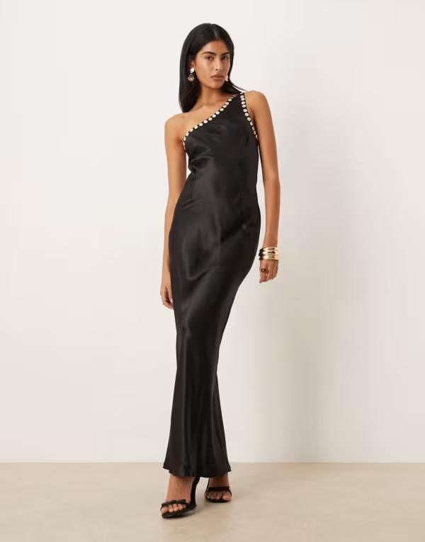 ネバーフリードレスド レディース トップス ワンピース サテン マキシ Never Fully Dressed satin one shoulder faux-pearl button detailing maxi dress Black ブラック