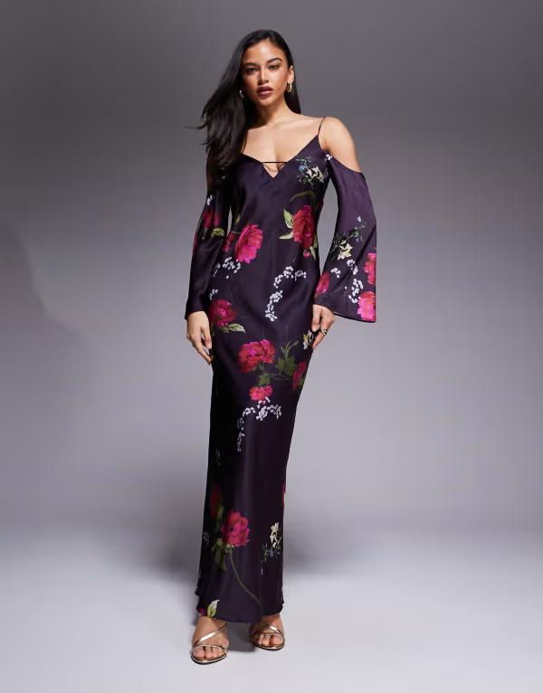 エイソス レディース トップス ワンピース フラワー柄 プリント ミディ サテン フラワー ASOS DESIGN satin long sleeve fallen shoulders camidi dress floral print Purple floral パープル 19,695円