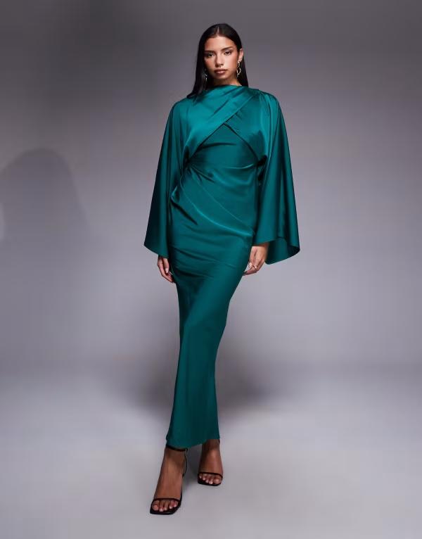 エイソス レディース トップス 衣装 繻子 マキシ ASOS DESIGN wrap front batwing satin bias cut maxi dress TEAL ティール