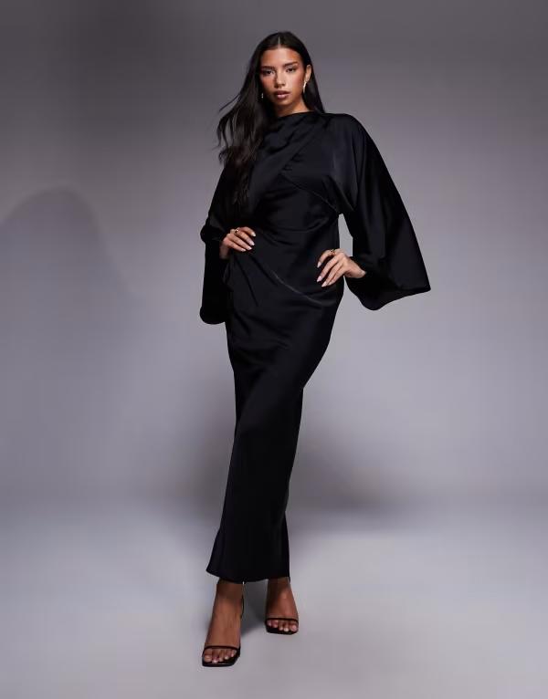 エイソス レディース トップス 衣装 繻子 マキシ ASOS DESIGN wrap front batwing satin bias cut maxi dress Black 黒いこと