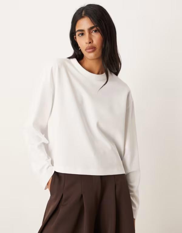エイソス レディース トップス ティーシャツ ASOS DESIGN breatheMAX long sleeve boxy crop tee WHITE 白いこと Tシャツ・カットソー-トップス-レディースファッション