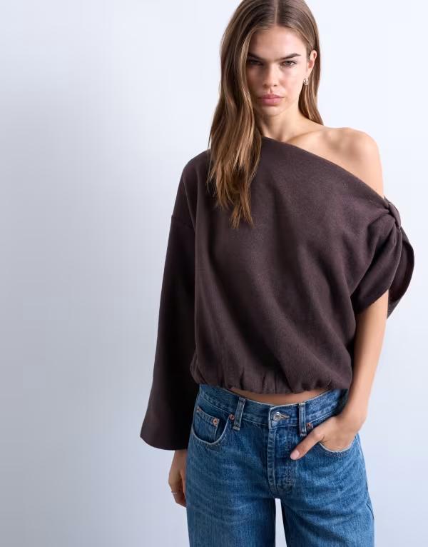 とっ始め販売店 レディース トップス プルオーバー Topshop softouch off shoulder knot side long sleeve top インチ chocolate 黒茶