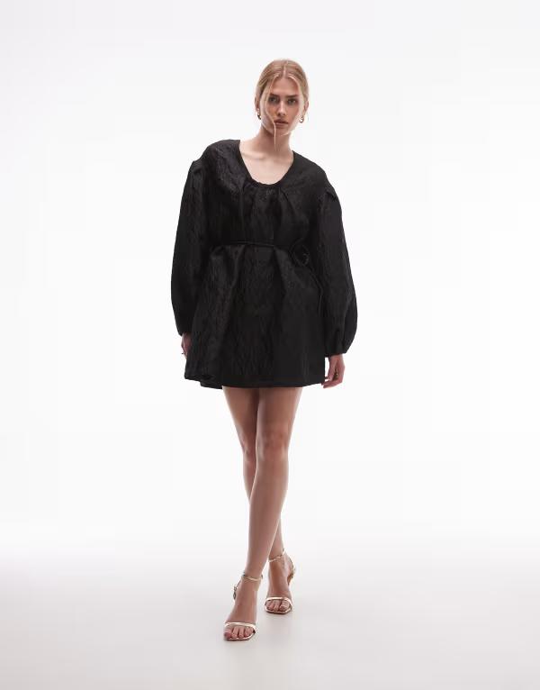 アンドアザーストーリーズ レディース トップス ワンピース プリーツ ミニ & Other Storiestructured jacquard quality mini dress with pleatedetailing sleeves Black ブラック|ReVida 店