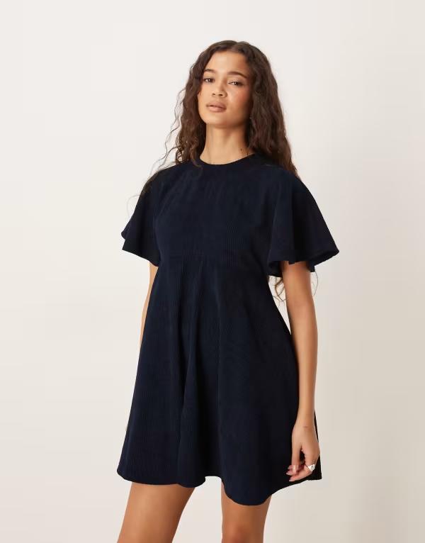 エイソス レディース トップス ワンピース コーデュロイ ミニ Tシャツ ASOS DESIGN corduroy t-shirt mini dress with stitching detail Navy ネイビー