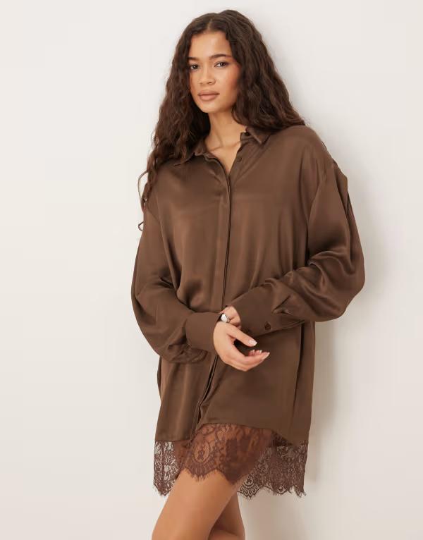 エイソス レディース トップス 衣装 ミニ プルオーバー 繻子 ASOS DESIGN satin mini shirt dress withigh-low curved hem インチ chocolate 黒茶