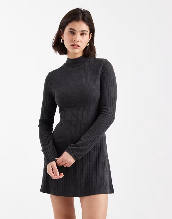 エイソス レディース トップス ワンピース リブ ミニ ASOS DESIGN ribbed fluted sleeve skater mini dress in charcoal チャコール