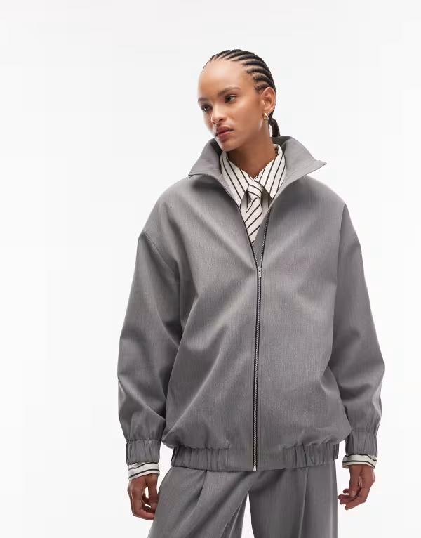 エイソス レディース アウター 上衣・上衣 照明ランプ素っ首 ASOS DESIGN funnel neck longline bomber jacket インチ charcoal 濃灰色
