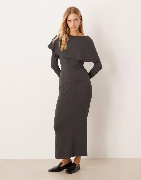 エイソス レディース トップス ワンピース ケープデザイン キャップ ケープ マキシ ASOS DESIGN maxi scarf detail cape dress in heather Gray Heather グレー