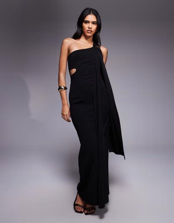 エイソス レディース トップス 衣装 カットアウト 一肩先 マキシ ASOS DESIGN cut-out one-shoulder maxi dress withammered trim Black 黒いこと