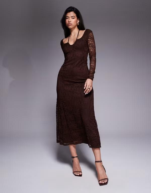 エイソス レディース トップス ワンピース ミディ レース ASOS DESIGN lace long sleeve tie front midi dress in chocolate チョコレート｜ReVida 店